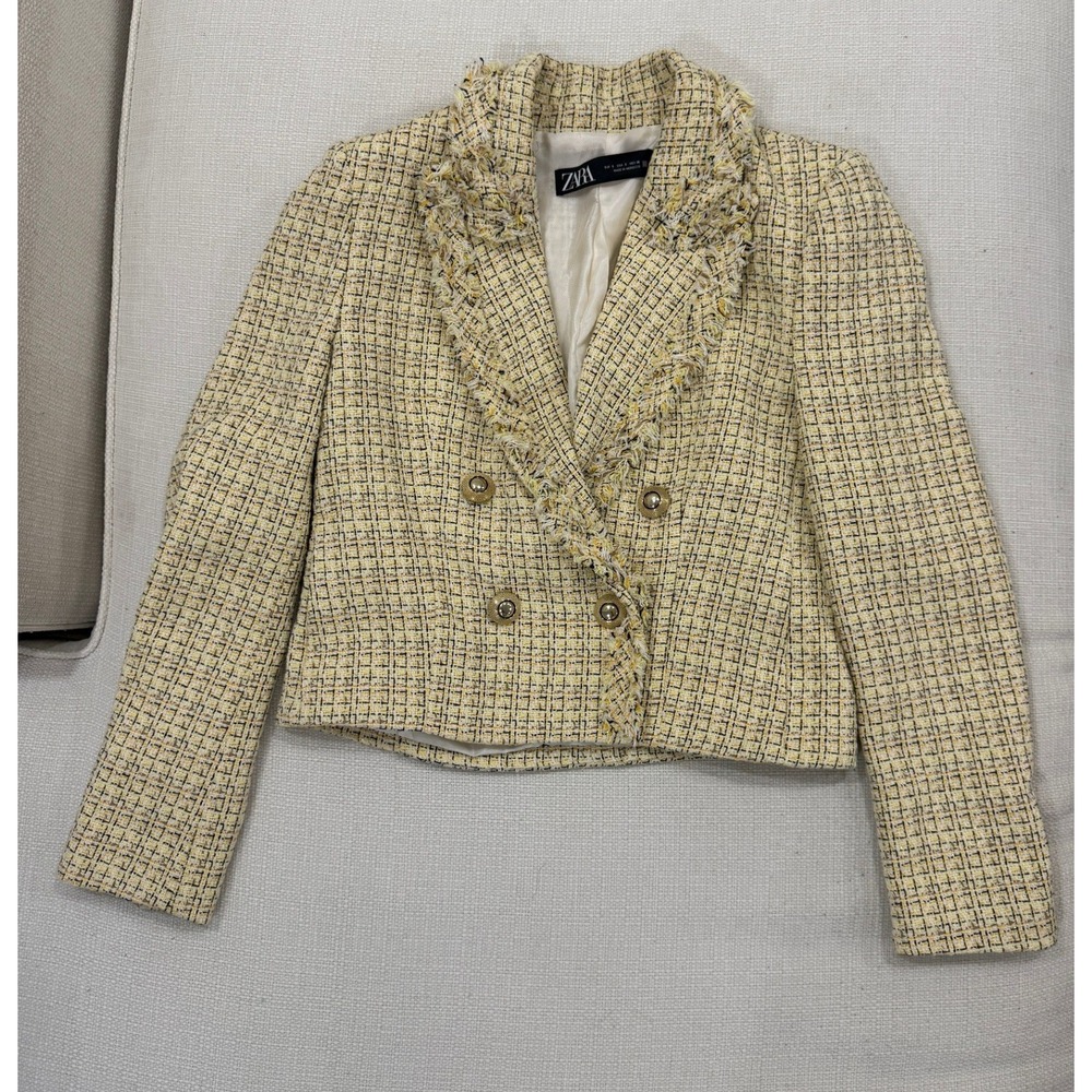 Zara Blazer Womens Small Yellow Tweed Frayed Trim Double Breasted Excellent